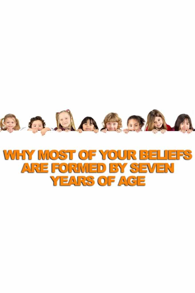 image of children holding up a banner saying your beliefs formed by seven years of age